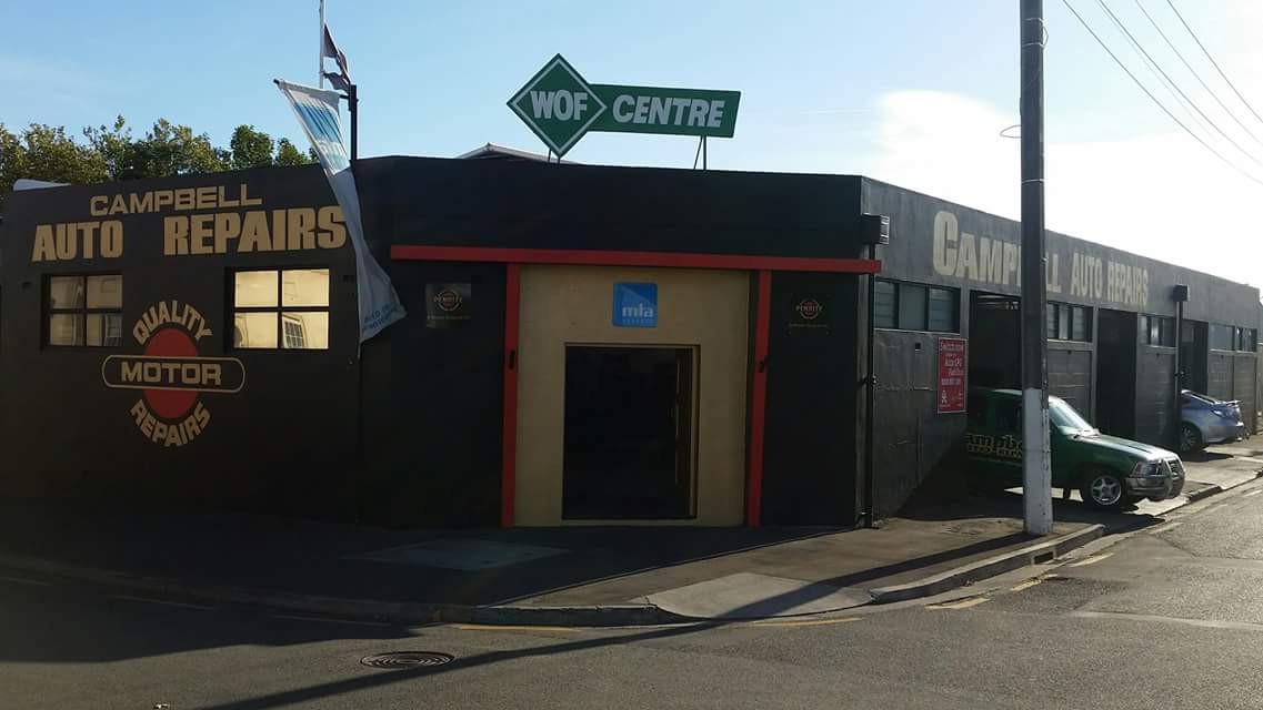 Campbell Auto Repairs corner building with WOF Centre sign